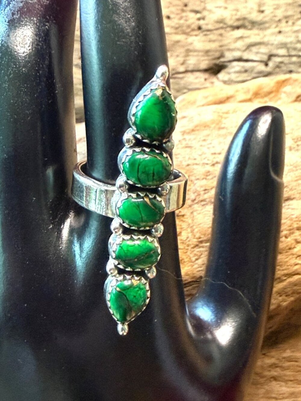 Sterling Silver Adjustable Ring With Green Gemstones & Stamped 925